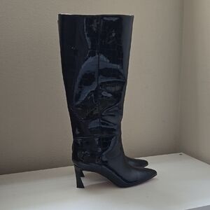 Vince Camuto Shiny Black Croc-Embossed Heeled Boots